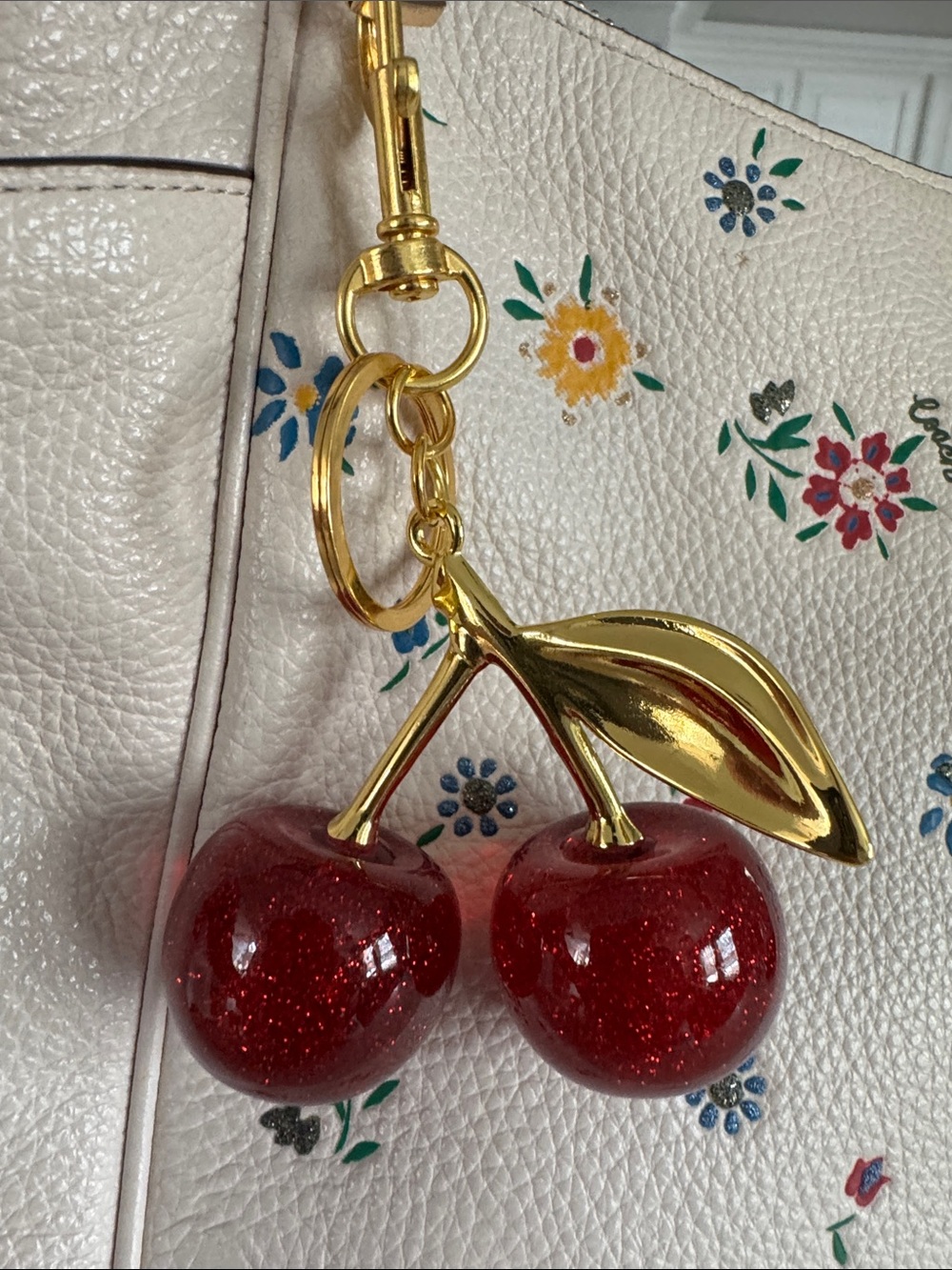 Cherry Charm Keychain Bag Charm in Red and Gold Hardware NWOT - Picture 3 of 4